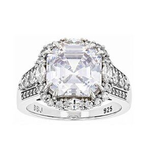 JTV White Cubic Zirconia Rhodium Over Sterling Silver Asscher Cut Ring - Size 8